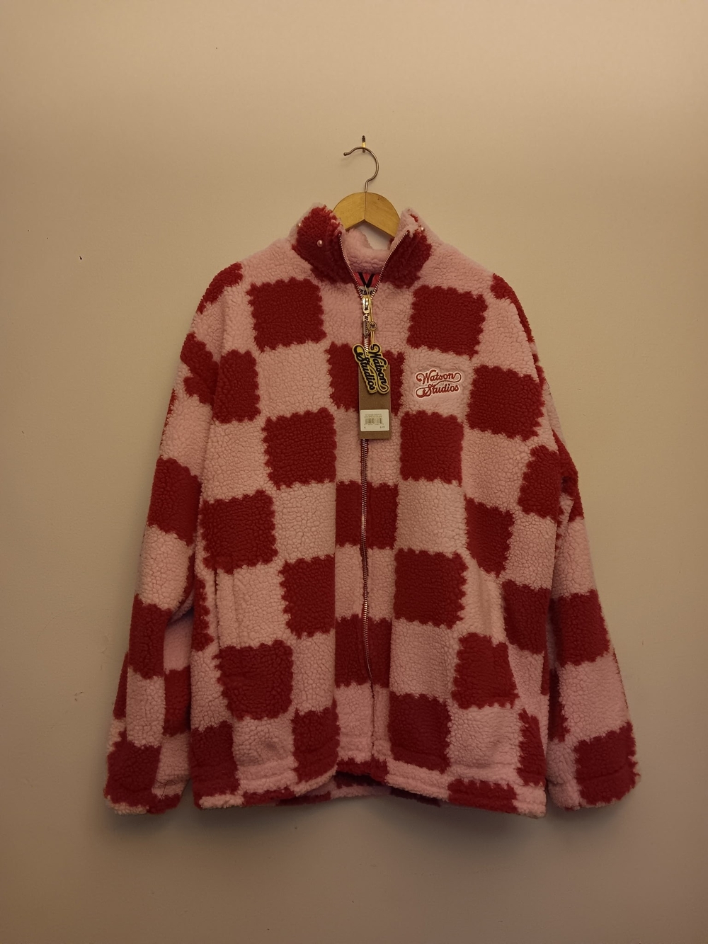 Checkerboard Sherpa Zip-Up Sweater Jacket - Pink & Red